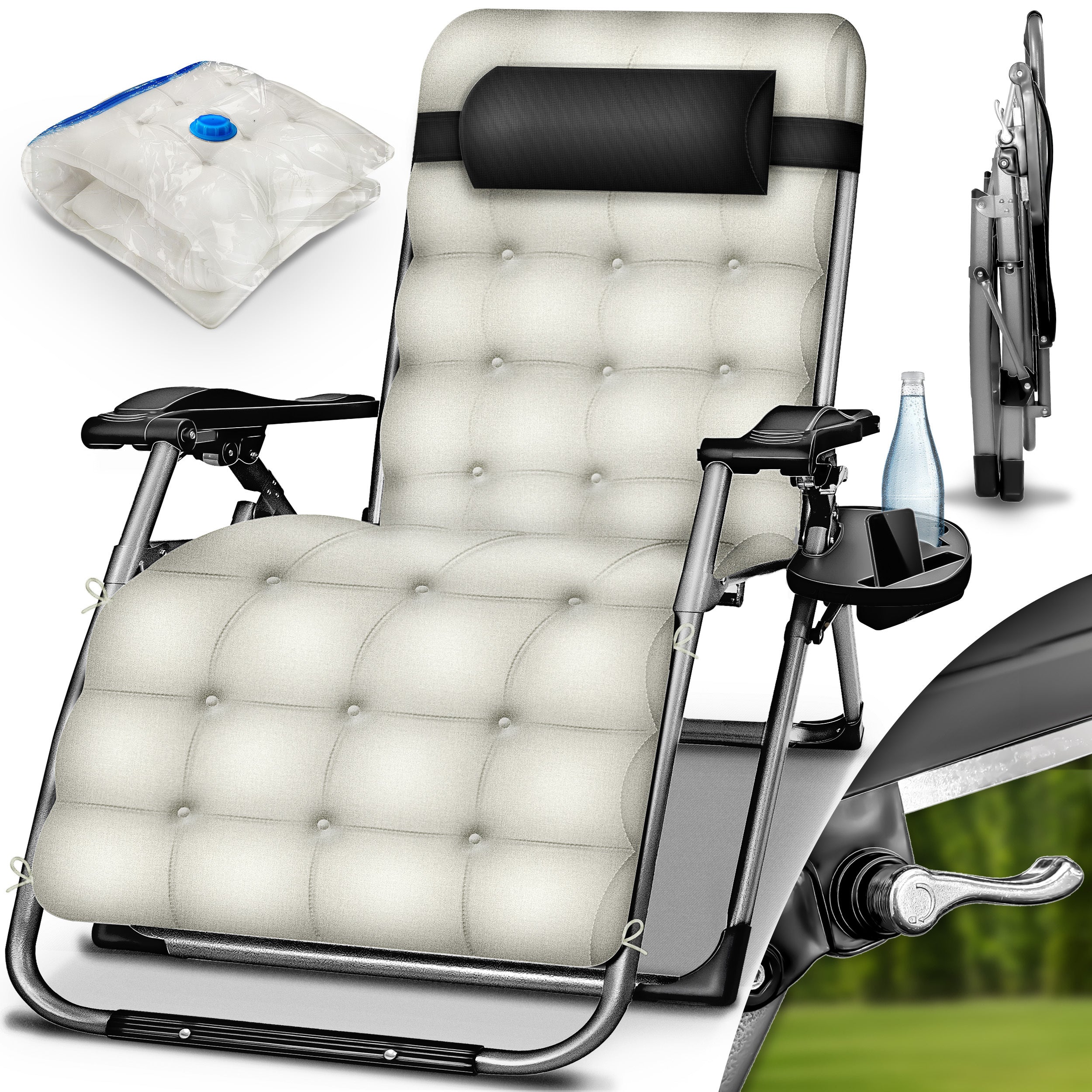 Tillvex® Tumbona Reclinable Plegable hasta 200Kg, Sillón de Sol para Jardín Exterior, Resistente a la Intemperie para Balcón, Jardín y Terraza, Ajustable con Acolchado Grueso, Reclinable, Extra Ancha, con Soporte para Bebidas