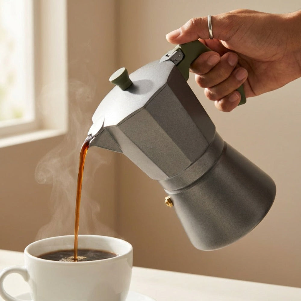 Cafetera Italiana Espresso de Aluminio para Inducción Vitro Gas Eléctrica. Cafetera de distintos tamaños 6/9/12 Tazas - Happy Friends