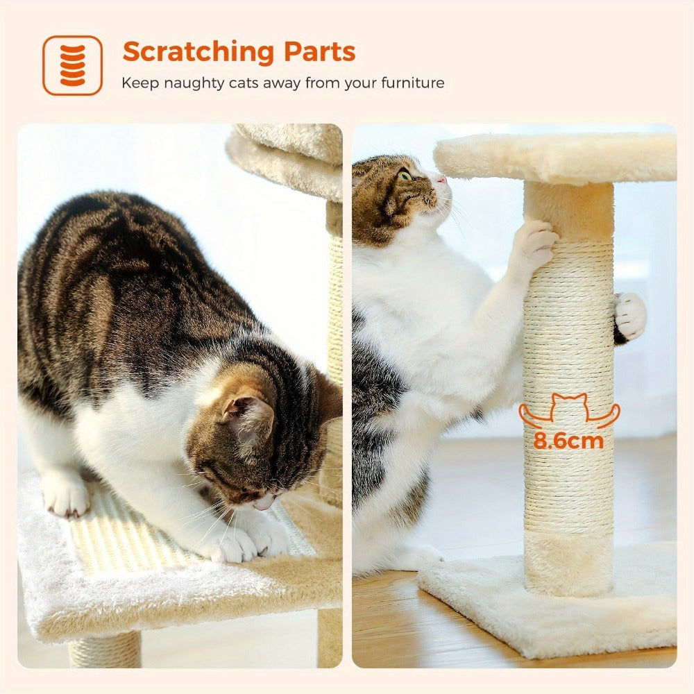 Árbol para Gatos Pequeños de Pawz Road para Interiores - Centro de Actividades Convertible 2-en-1 con Postes Rascadores, Hamaca de Peluche y Percha Superior Desmontable, Diseño Robusto Ahorrador de Espacio para Gatitos, Gris y Beige, Árbol Lindo para Gato