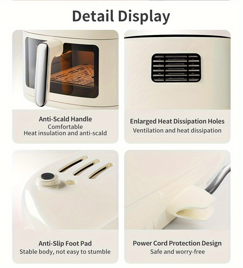La freidora de aire Simplus tiene una amplia capacidad de 6.5L, adecuada para 5 a 8 personas. Es compacta para un fácil almacenamiento y cuenta con una ventana de cocción visual junto con una pantalla táctil LCD holográfica completa para un uso sencillo.