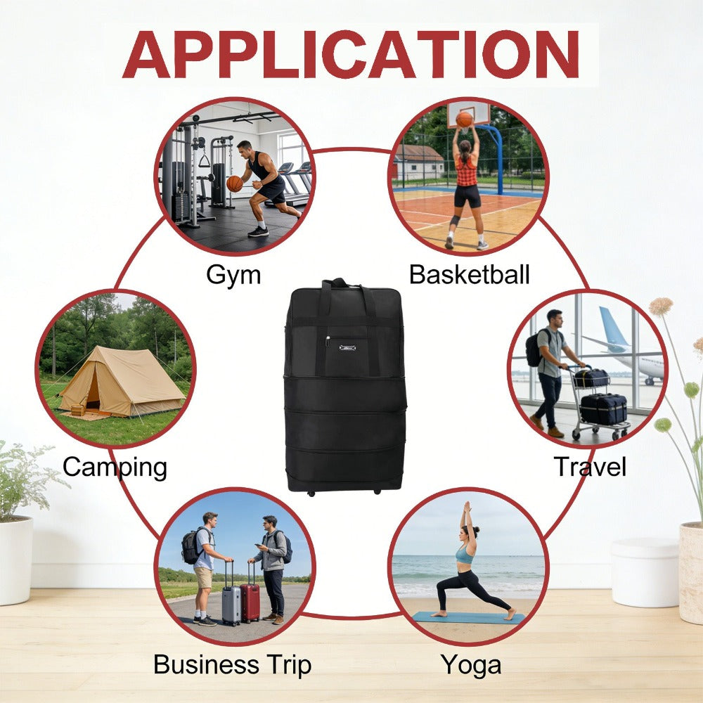 Bolsa de viaje de tela duradera diseñada para flexibilidad con espacio expandible. Viene con ruedas suaves y asas reforzadas para un transporte versátil. Incluye un práctico bolsillo frontal. Disponible en 3 tamaños, perfecta para todas tus necesidades de