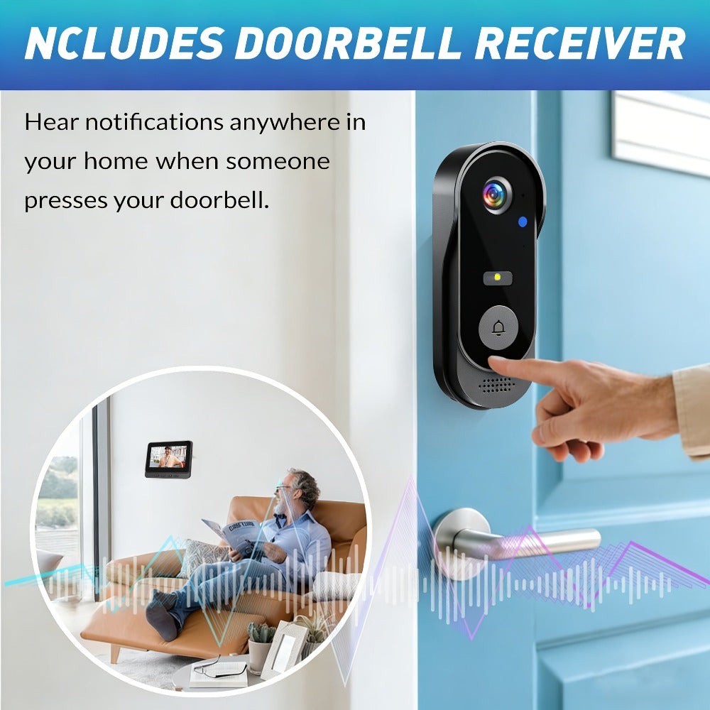 Timbre de video sin varillas con pantalla de 4.3 pulgadas, kit de cámara de seguridad para timbre sin varillas que incluye visión nocturna, intercomunicador bidireccional, grabación de imágenes y vídeo, almacenamiento ampliable con tarjeta SD, apto para v