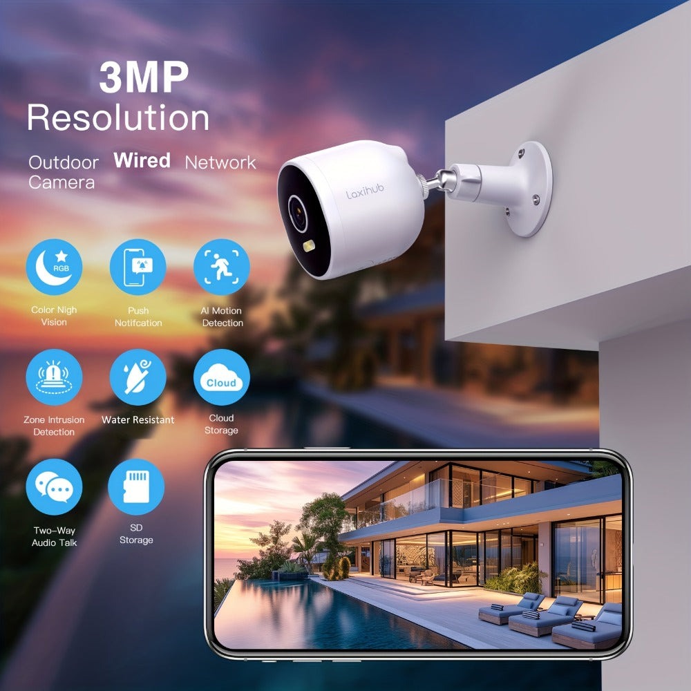 1/2/4 piezas Laxihub 3MP 1296P Cámaras de seguridad Wi-Fi para exteriores, Cámara interior para seguridad del hogar, para vigilancia de puertas domésticas, Audio bidireccional, Almacenamiento en la nube/tarjeta SD, Visión nocturna a todo color, Cámara dig