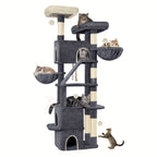 Poste Rascador Grande de 185cm, Torre para Gatos XXL, Árbol para Gato Maine con 7 Niveles y 3 Cuevas, Postes Rascadores, Gris Claro