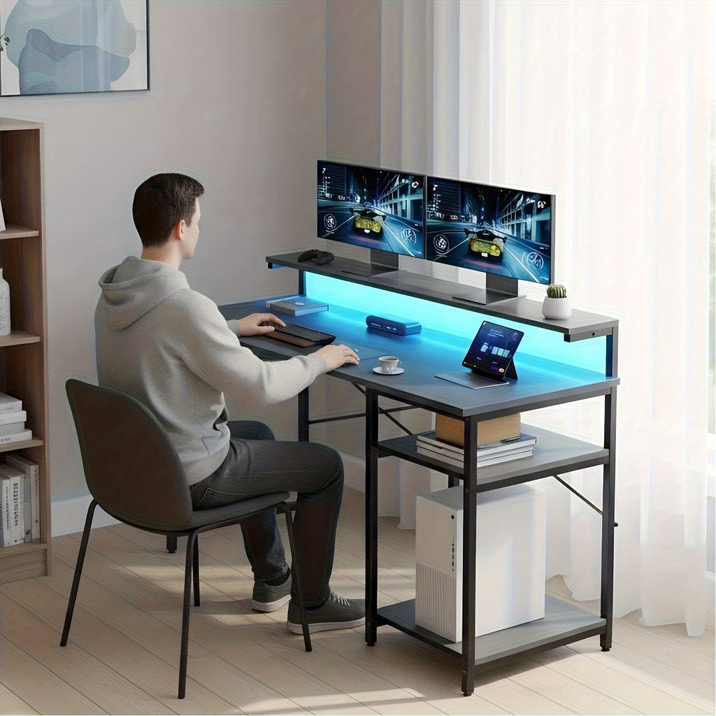 Escritorio FRODROVIA con Luz LED y Estante Ajustable en Altura, Escritorio para Oficina en Casa con Soporte para Monitor, Escritorio de Esquina con Bolsa de Almacenamiento Grande para Oficina en Casa, Estudio, Regalos de Navidad/Acción de Gracias