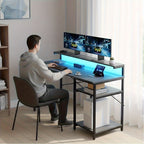 Escritorio FRODROVIA con Luz LED y Estante Ajustable en Altura, Escritorio para Oficina en Casa con Soporte para Monitor, Escritorio de Esquina con Bolsa de Almacenamiento Grande para Oficina en Casa, Estudio, Regalos de Navidad/Acción de Gracias
