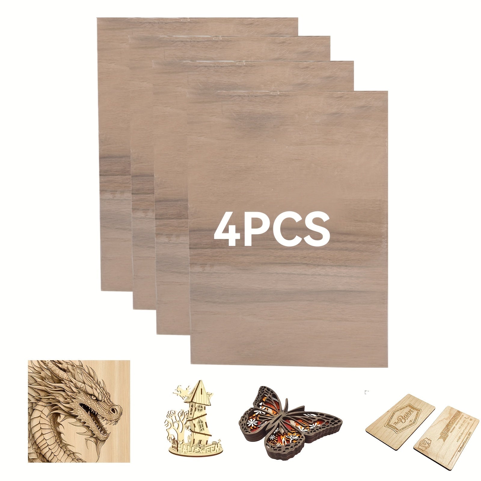 4 Paquetes de Láminas de Contrachapado de Madera Natural Cortadas con Láser - Compatibles Pre-Probadas para Corte CNC, Pintura y Manualidades DIY con Cara de Grano Natural, Tamaño A4 (29.97cm x 21.49cm) Tablero de Manualidades Cortado con Láser Adecuado p