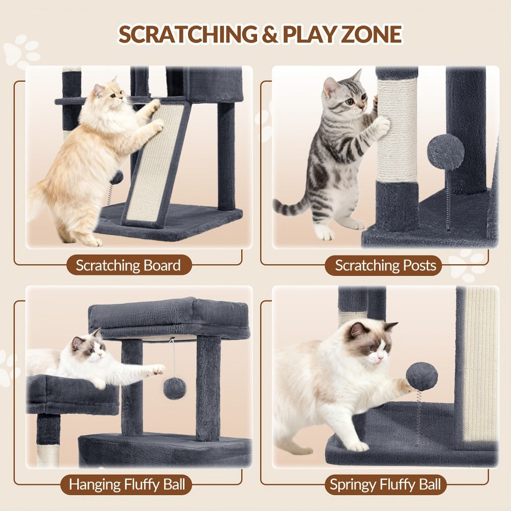 Fobyfurny Árbol para Gatos, Torre de 178cm para Gatos de Interior, Marco de Escalada para Gatos de Múltiples Niveles con Postes Rascadores, Tabla Rascadora, 2 Condominios Cómodos, 2 Perchas, Pompones, Lugar de Descanso