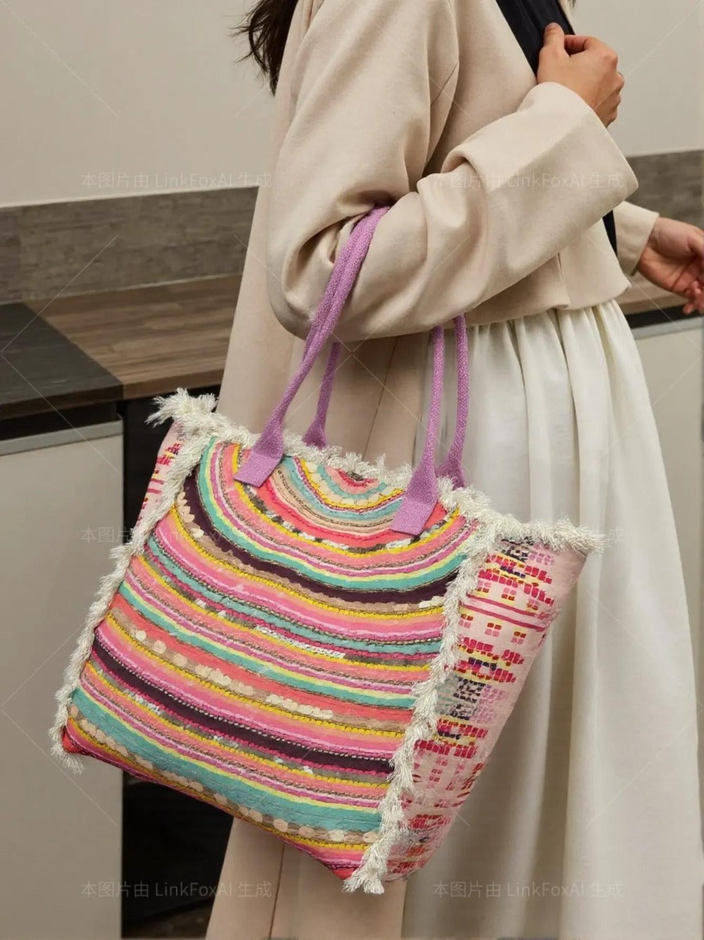 MEJORADA Bolso de playa grande con estampado bohemio, ideal para verano, con flecos de algodón, forro interior y bolsillos, 55×37×19 CM, tejido 100% poliéster