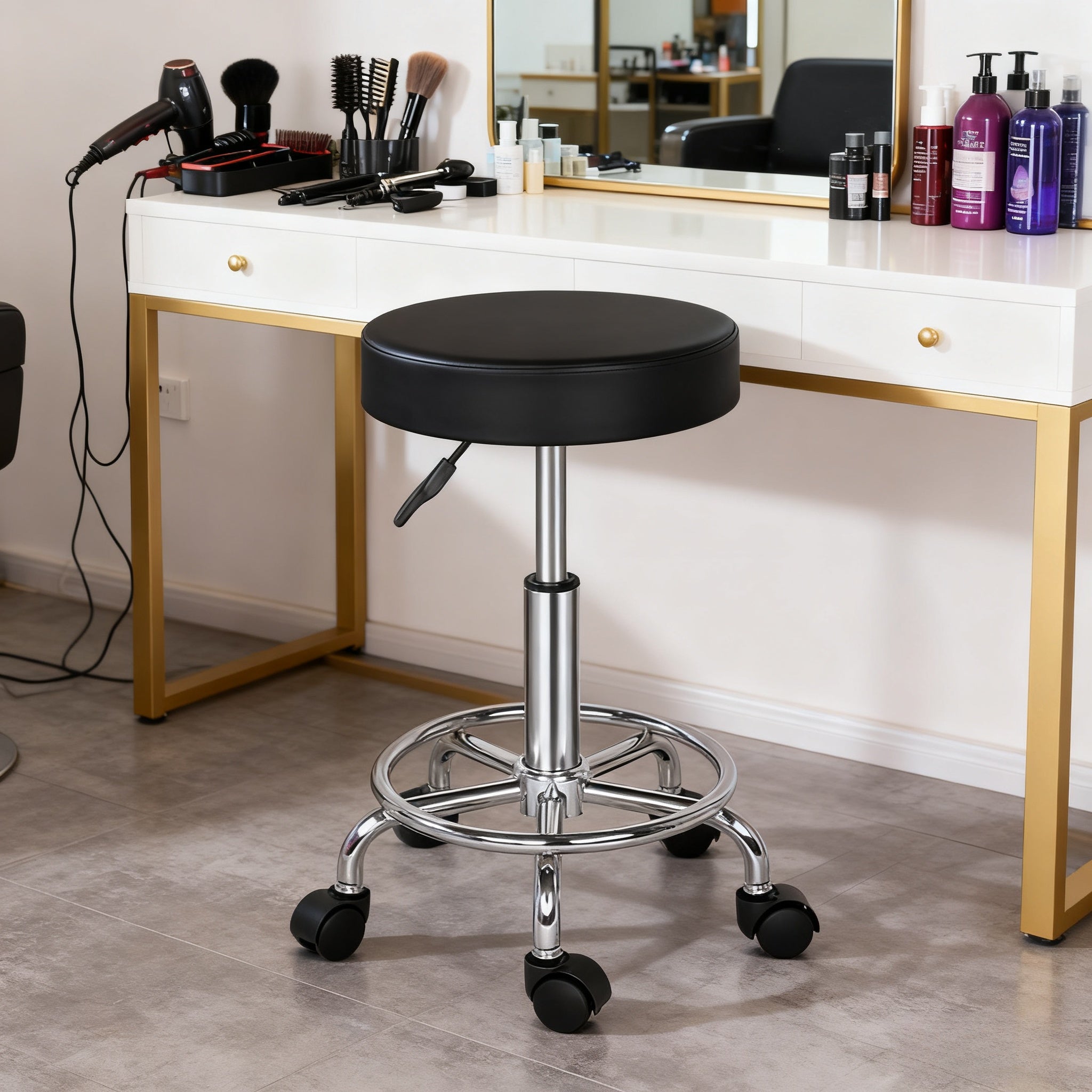 Taburete Negro Giratorio con Reposapiés Ergonómico Ajuste de Altura de Trabajo de Oficina Silla de Masaje para Spa Salón de Tatuajes Clínica Dental Belleza