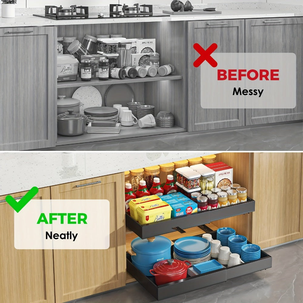 2 Paquetes de Cajones Extensibles para Gabinetes de Cocina, Juego de 2 Estantes Deslizantes de Almacenamiento, Cestas Extraíbles para Fregadero Sin Taladro, Estantes de Gabinete de Fácil Acceso, Adecuados para Baños y Lavanderías, Organizador de Almacenam