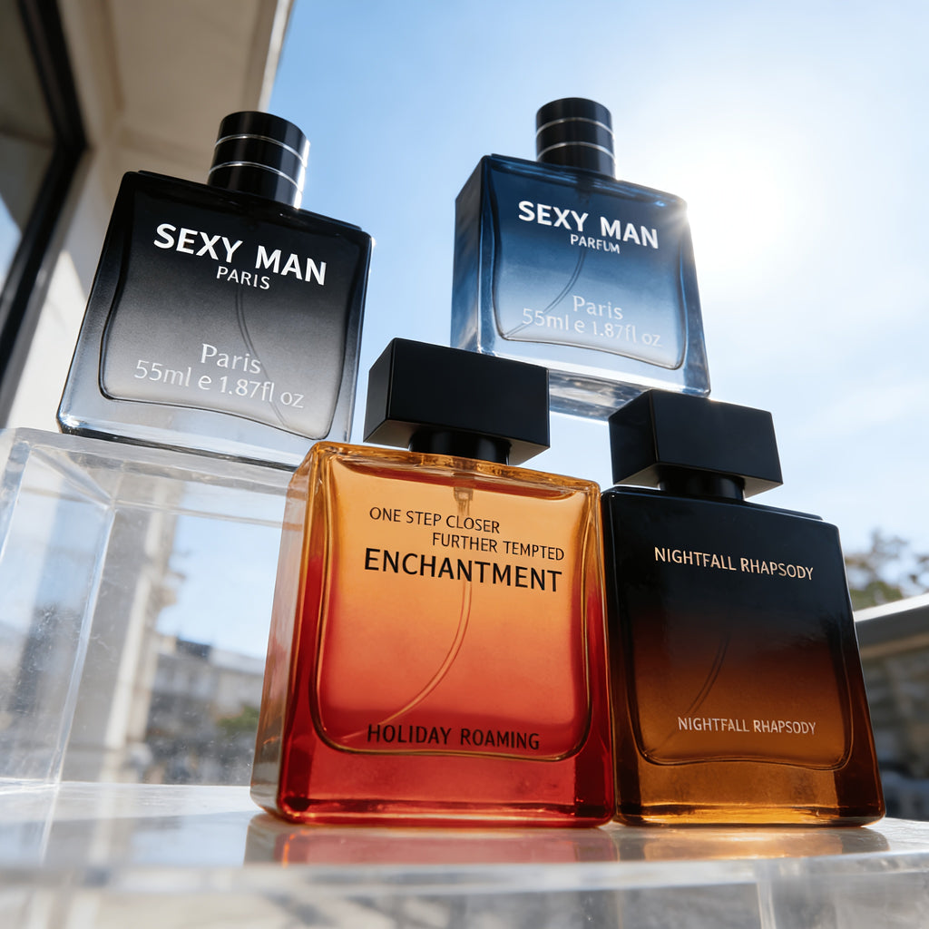 Un set de fragancias de cuatro piezas, que incluye perfume y colonia para hombre, para realzar el encanto y proporcionar un aroma duradero. Adecuado para uso personal o como regalo de vacaciones, totalizando