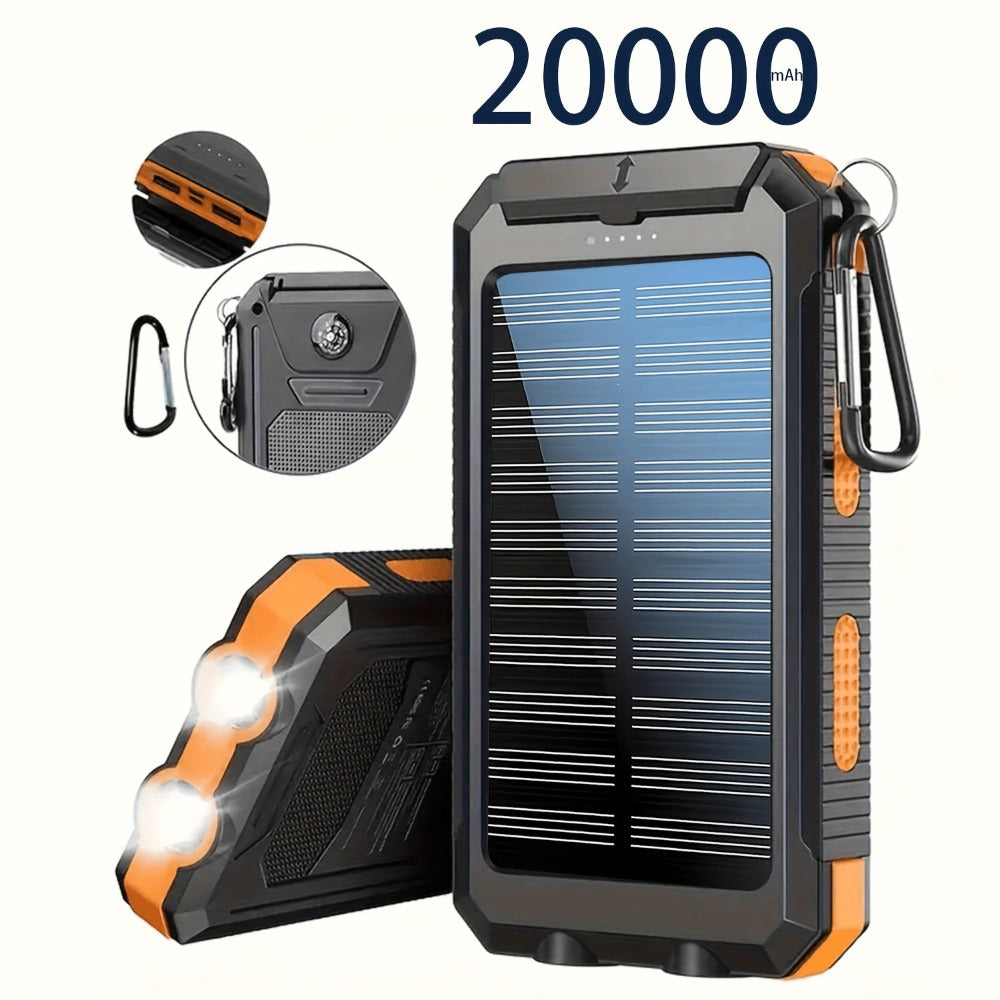 Batería Externa Solar Portátil de 20000Mah, Cargador Solar Portátil para Teléfonos Móviles, Cargador de Batería Externa para Camping para Teléfonos Móviles, 2 USB/ Linternas LED con Brújula para Actividades al Aire Libre