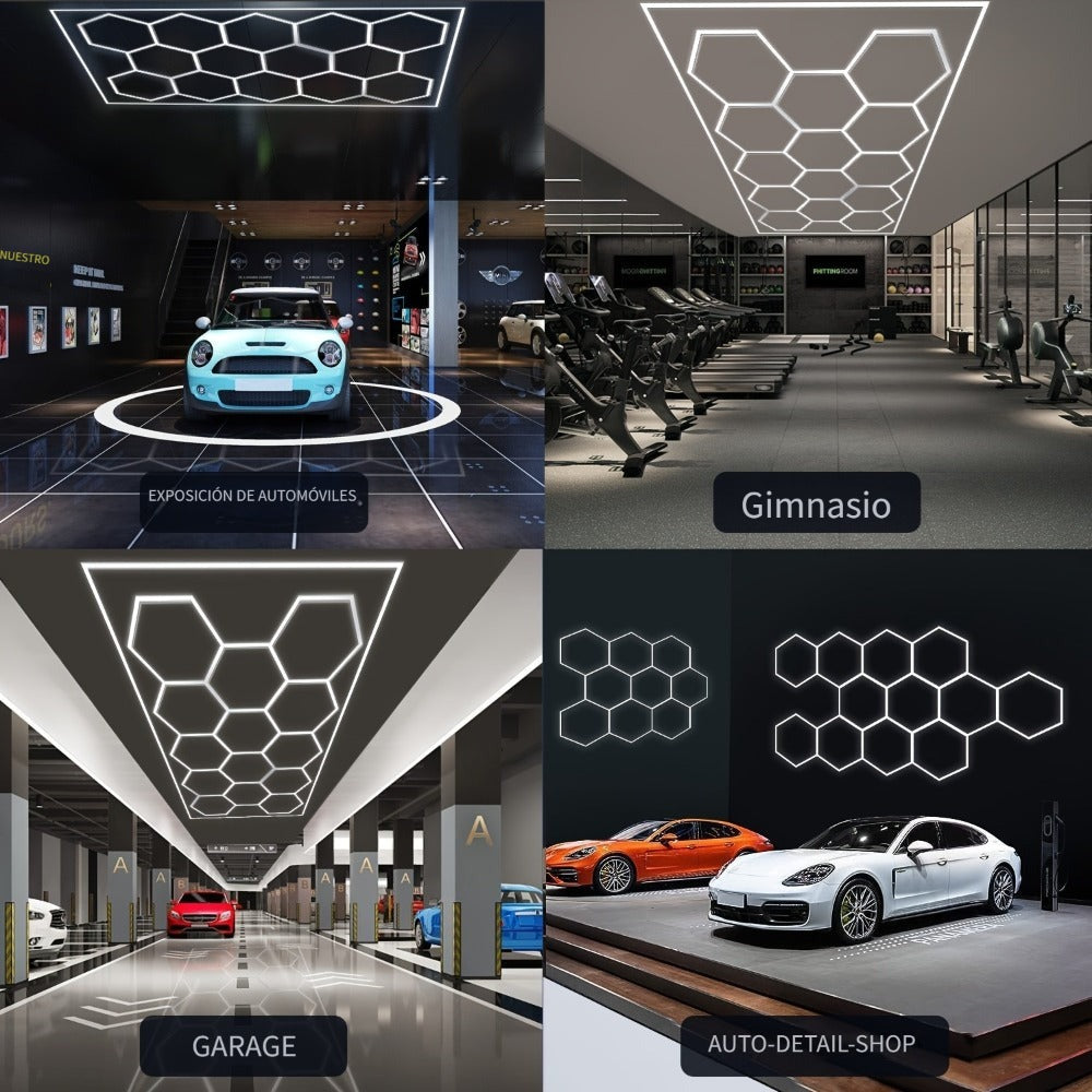 Luz de Garaje Hexagonal - Diseño Semi-Empotrado de 14 Agujeros, Marco Rectangular con Estructura de Panal LED, 6500K para Taller, Gimnasio, Peluquería, Oficina y Iluminación de Juegos