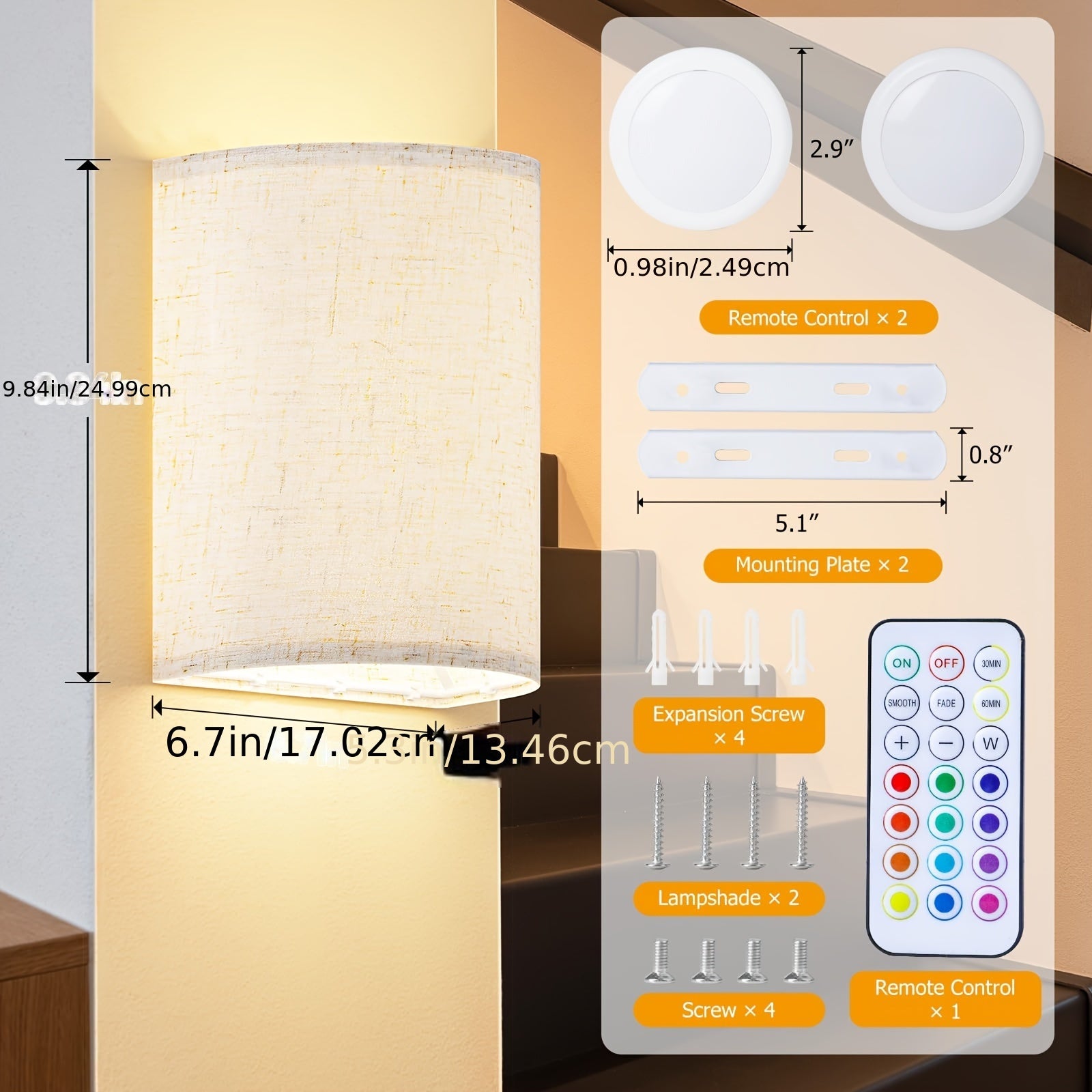Aplique de pared para iluminación de pasillo, salón y dormitorio | Juego de 2 piezas y 2 piezas y control remoto