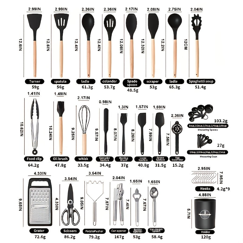 Un juego de utensilios de cocina de silicona, material de calidad alimentaria, mango de madera negro, herramientas de cocción y horneado antiadherentes y resistentes al calor, con estante de almacenamiento, adecuado para utensilios de cocina antiadherente