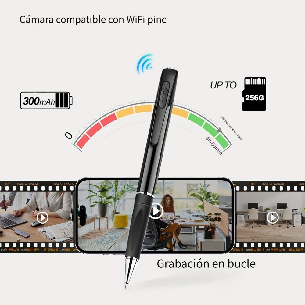 Grabadora de Video Inteligente con Cámara en Forma de Bolígrafo 1080P, Batería Portátil Integrada, Detección de Movimiento AI, Larga Autonomía, Grabación de Reuniones y Conferencias, Compatible hasta Tarjeta SD de 256G