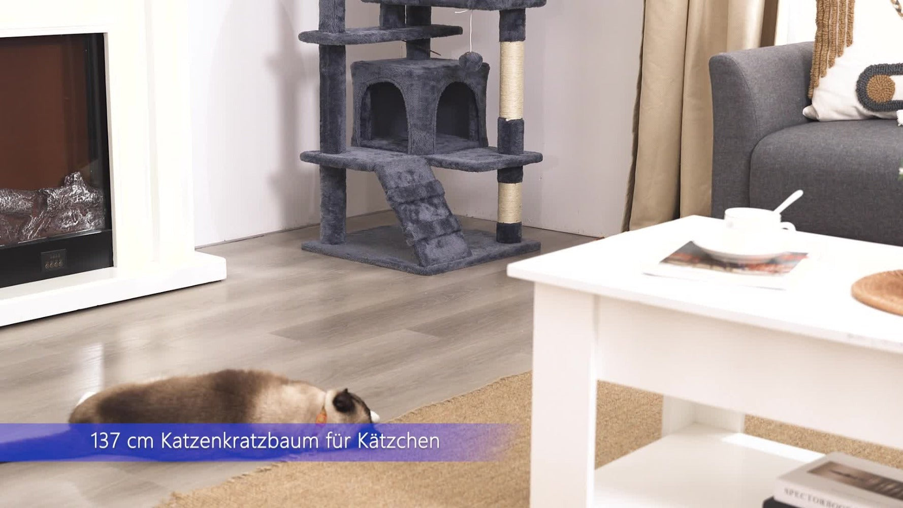 Costoffs Poste para Rascar de Gatos de 138 cm, Árbol Resistente con Pelota de Juego y Cueva para Gatos, Torre de Rascado y Escalada para Gatos, Casa para Gatos