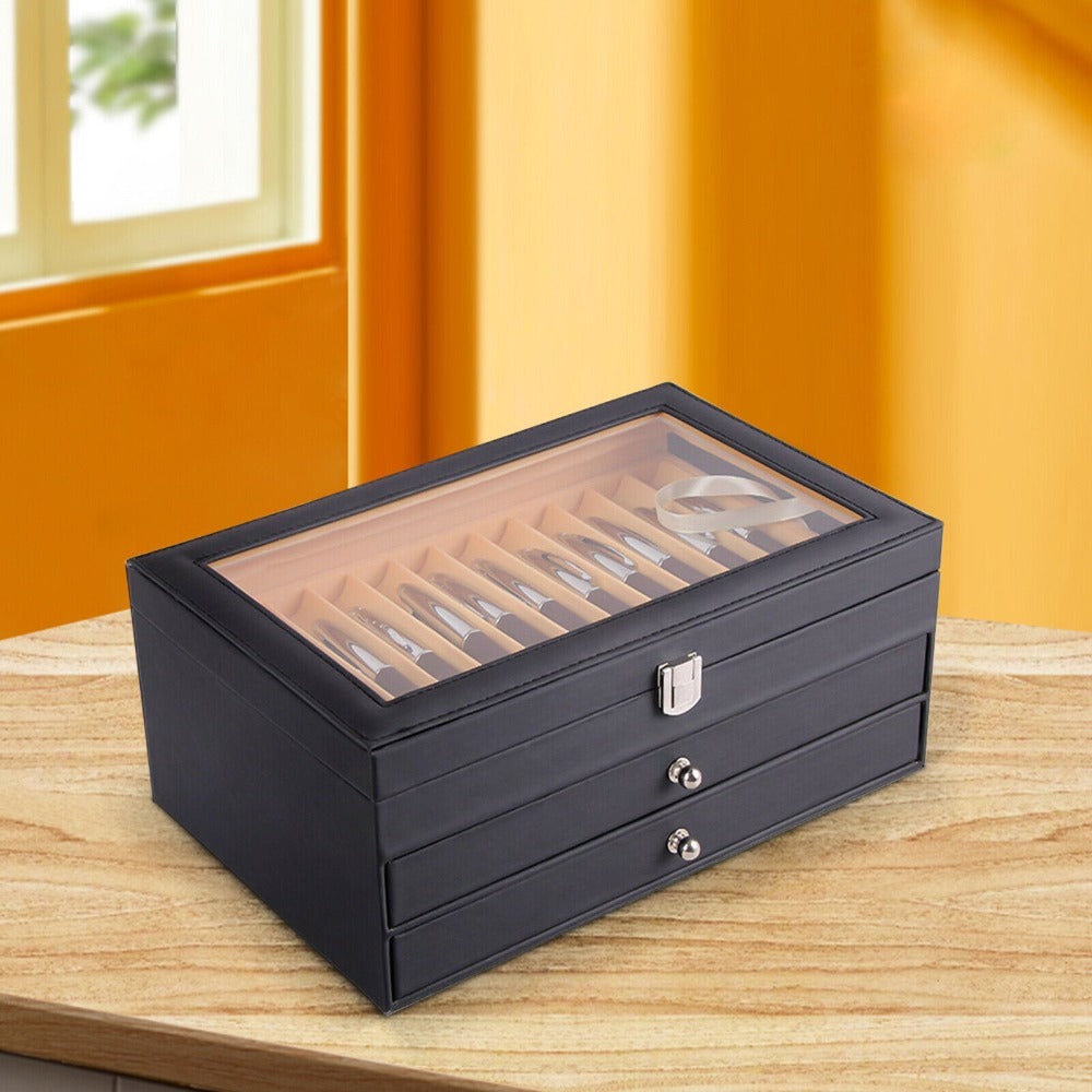 Estuche de Exhibición para Plumas de Gran Capacidad con 36 Ranuras - Caja de Almacenamiento para Coleccionistas de Cuero PU Resistente y Franela con Tapa con Vista al Cielo, Acceso Tipo Cajón Dorado y Diseño Curvo - Organizador de Lujo para 36 Plumas (12"