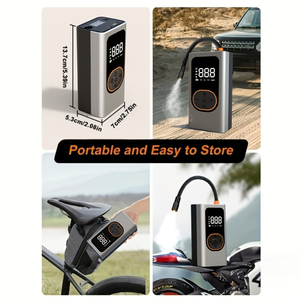Inflador de neumáticos portátil inalámbrico de 150 PSI con medidor digital y luz LED, compresor de aire recargable USB-C - Infla rápidamente coches, bicicletas, motocicletas, balones, etc., herramienta portátil para inflar neumáticos, equipo de viaje para