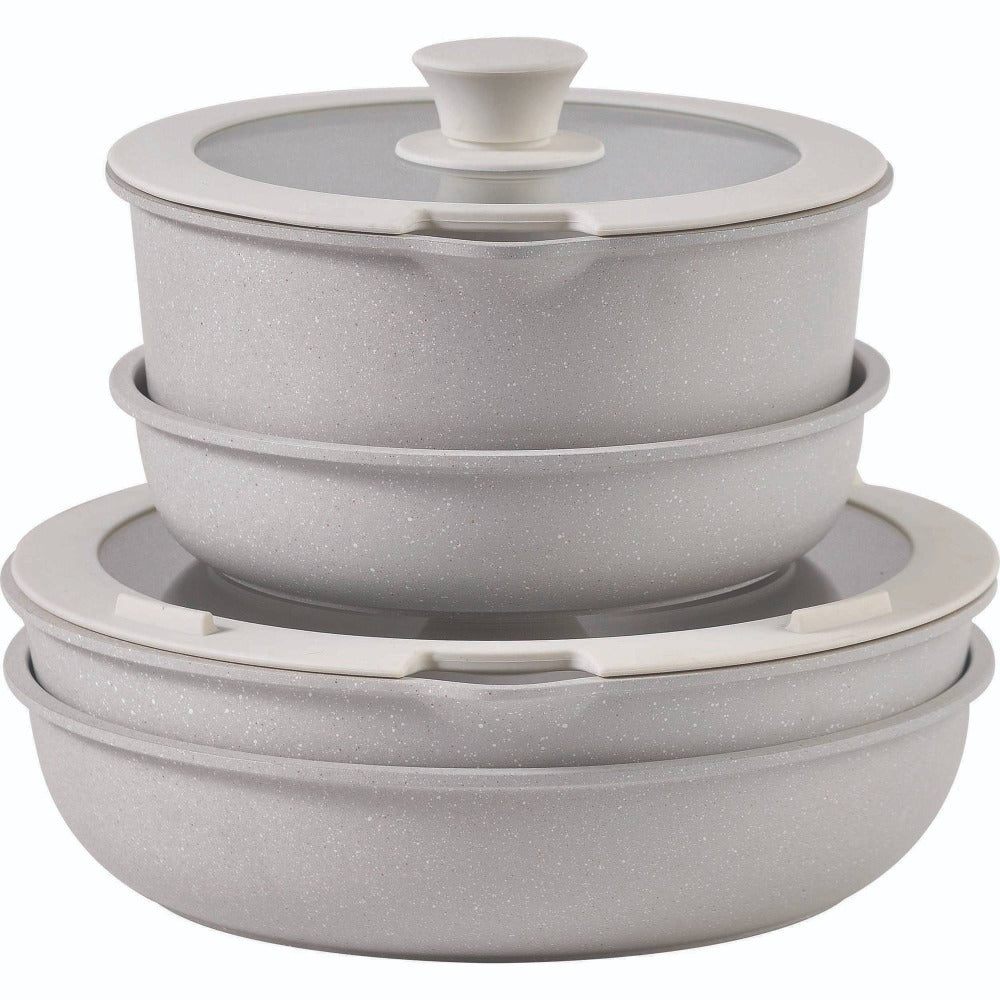 Bergner Click&Cook Batería de cocina 10 Pzs Mango extraíble, 3 Sartenes, 2 Cazos, Tapas y Utensilios Aluminio revestimiento antiadherente