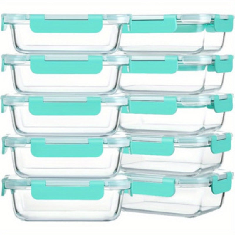 10 Piezas de Recipientes de Vidrio para Almuerzo, con Tapas Herméticas de Alas - Juego de Comidas a Prueba de Fugas, Seguro para Microondas y Lavavajillas, Apto para Congelador, Control de Porciones y Planificación de Comidas, Ideal para Hogar, Oficina y
