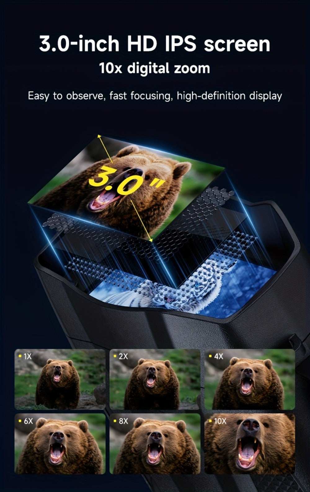 Binoculares de visión nocturna 4K HD, gafas de visión nocturna con pantalla de 3 pulgadas y linterna, adecuadas para la caza al aire libre en la oscuridad, seguridad para acampar, observación de la vida silvestre, zoom digital 10X, batería incorporada de