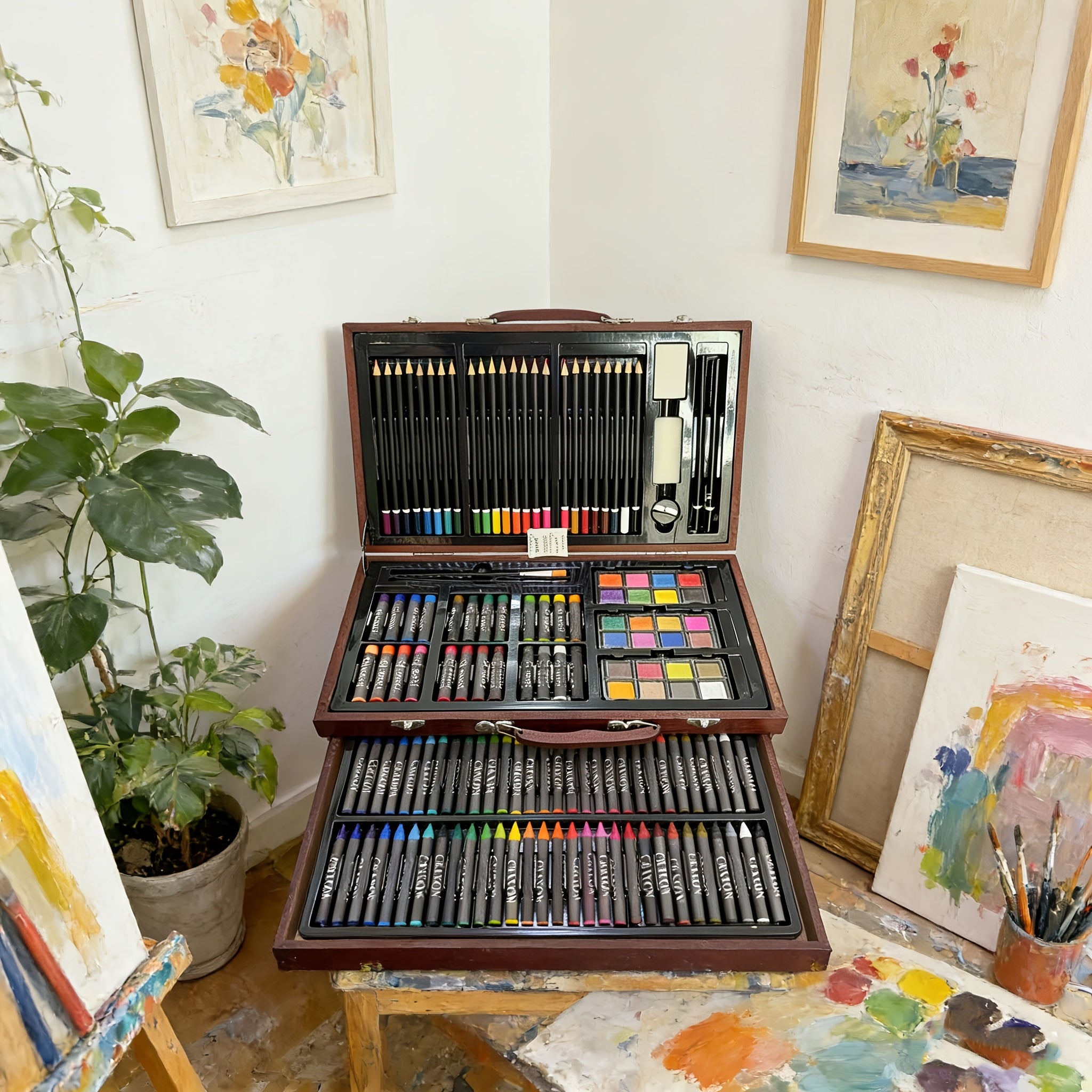 Set de Arte de Lujo (Incluye Dibujos y Lápices de Colores en una Caja de Almacenamiento de Madera), Set de Herramientas de Arte Profesional para Adultos, Suministros para Pintar para Artistas, Ideal para Bocetos al Aire Libre, Perfecto como Regalo para Fe