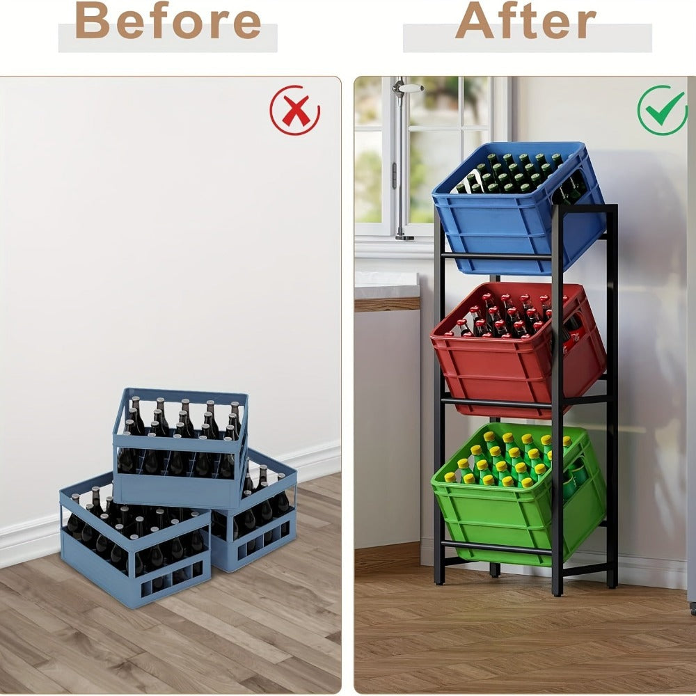 1 pza. Estante para cajones de bebidas de 3 niveles, diseñado para contener 3 cajones de bebidas, proporciona un soporte estable y ahorra espacio, hecho de metal, diseño de ángulo de inclinación con pies, acabado resistente al óxido, acabado negro.