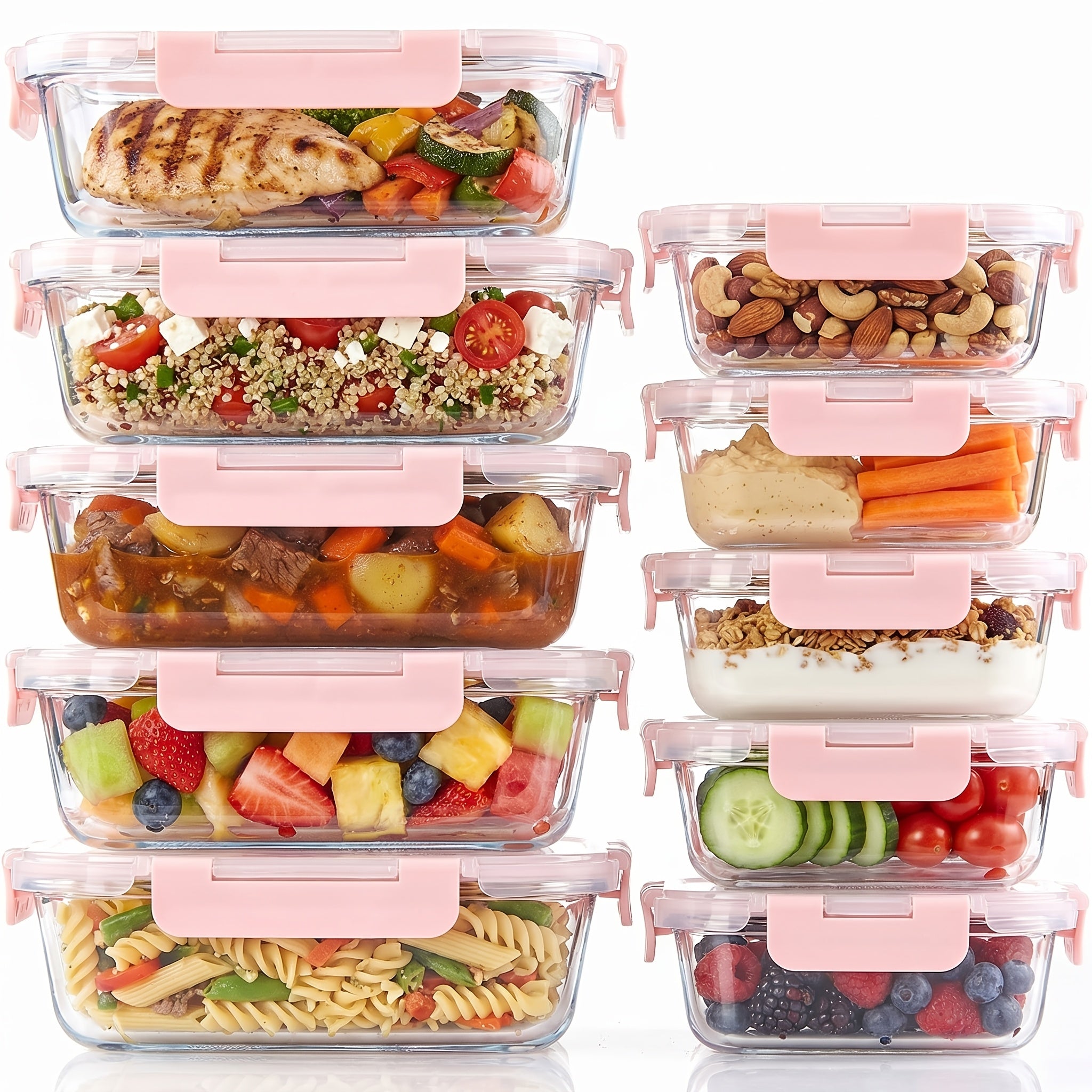Juego de 20 recipientes de vidrio para almacenar alimentos, 10 recipientes, 10 tapas transparentes, aptos para lavavajillas, microondas y congelador, a prueba de fugas