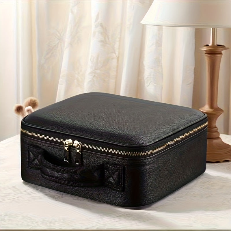 Esta extra grande bolsa de maquillaje viene en rosa y negro, con espejo y ofreciendo amplio espacio para cosméticos. Su diseño elegante la hace ideal tanto para maquilladores profesionales como para uso personal.