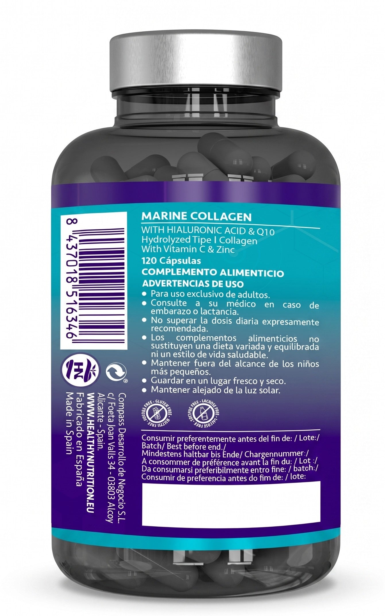 Colágeno Marino Hidrolizado con Ácido Hialurónico, Coenzima Q10, Vitamina C y Zinc | 120 Cápsulas | Suministro para 2 Meses