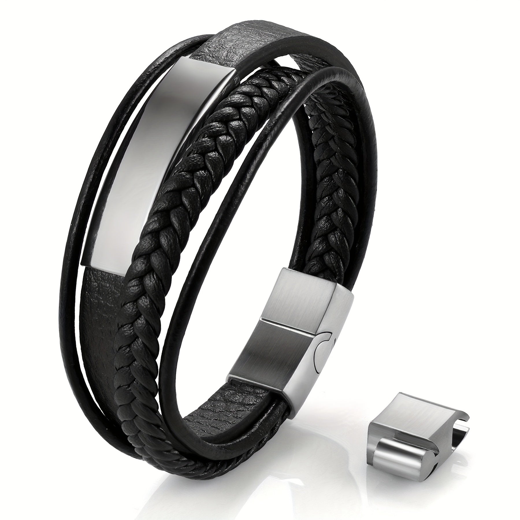 Un brazalete tejido multicapa diseñado para hombres, equipado con un cierre curvo de marca. Su longitud ajustable lo convierte en un regalo ideal para hombres