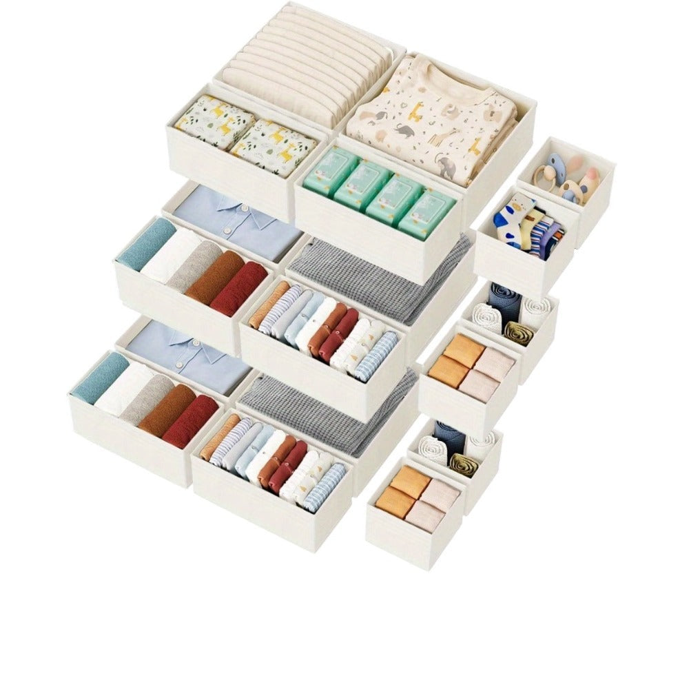 Paquete de 18/24 Organizadores Plegables para Cajones con Tela Profunda y Cierre en Zip - Beige, Contenedores Multicompartimento Resistentes Para Ropa, Calcetines, Pañales, Toallas, Sostenes & Ordenación del Vestidor o Guardería - Cubículos Ahorradores de