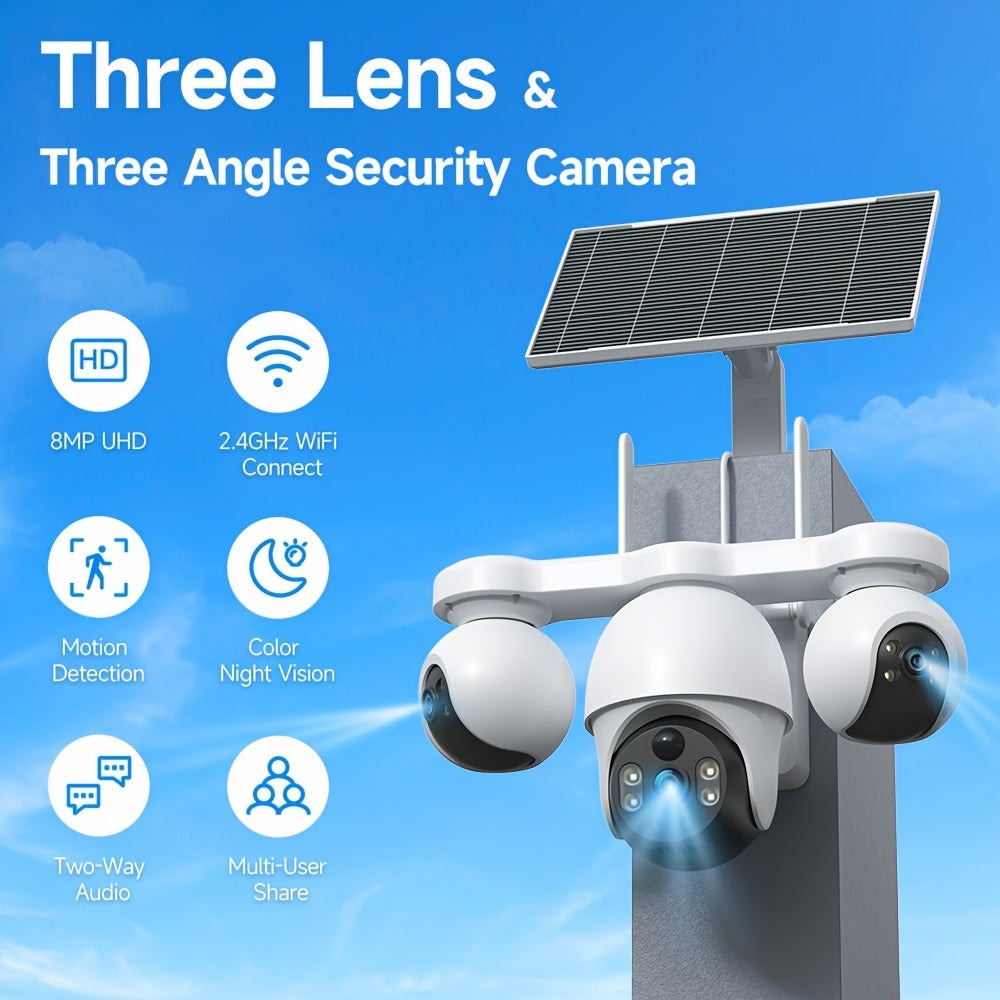 Cámara de Seguridad Inteligente para el Hogar V380MAX | Grabación de 8MP durante todo el día, compatible con Wi-Fi de 2.4GHz y 4G LTE, sistema de vigilancia inalámbrico con energía solar. Cuenta con rotación de 360°, visión nocturna a color, audio bidirec