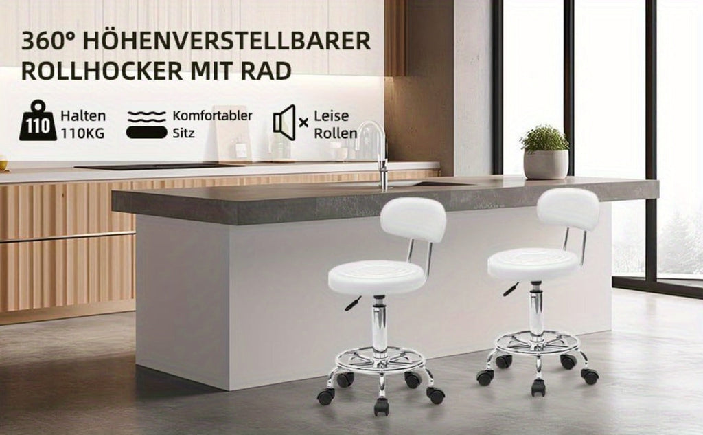 Bonnlo Taburete Giratorio Profesional con Respaldo, Taburete de Oficina Giratorio 360 Grados con Altura Ajustable de 48-58 Cm, Cubierta de PU, para Salón de Masajes, Manicura y Oficina (Blanco)