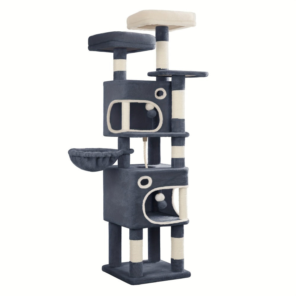 Árbol para Gatos, 159 cm con 8 Postes para Rascar, 3 Plataformas, 2 Cuevas, Cesta, Pelotas de Peluche, Cuerda de Sisal, Adecuado para Gatos de Varios Tamaños, Gris Oscuro