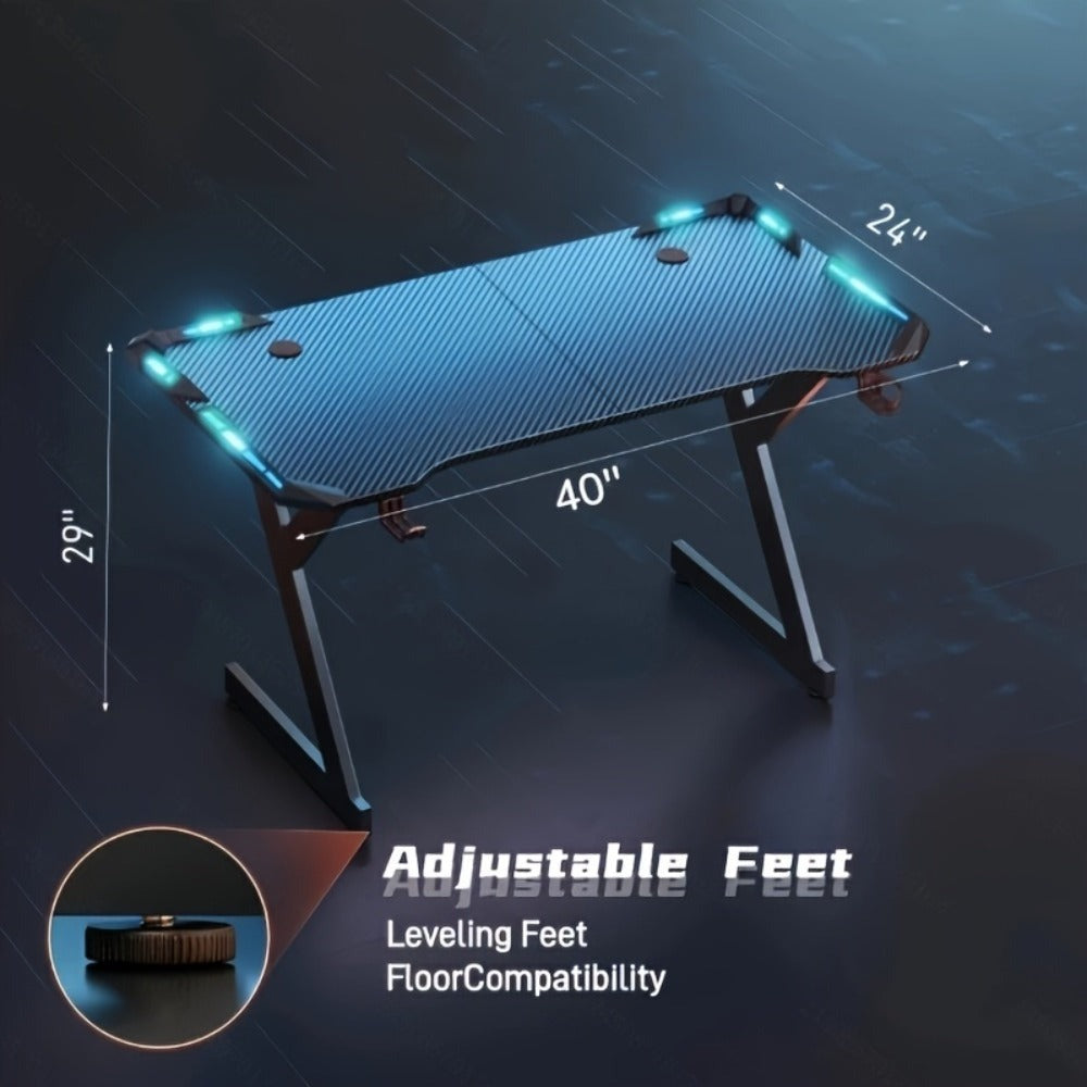 Escritorios de oficina y estaciones de trabajo para computadora con luces LED, escritorio ergonómico para gaming con superficie de fibra de carbono, estación de trabajo robusta para PC para hogar/oficina con gancho para auriculares, portavasos,