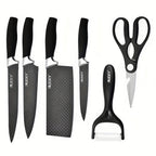 Un juego de 6 cuchillos de cocina para chef con hojas de acero inoxidable, famosos por su filo y durabilidad. Este juego incluye un mango ergonómico, tijeras y un pelador, todos resistentes al óxido y fáciles de mantener.