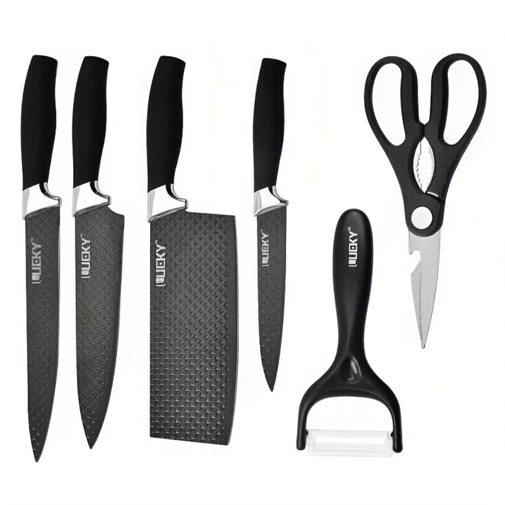 Un juego de 6 cuchillos de cocina para chef con hojas de acero inoxidable, famosos por su filo y durabilidad. Este juego incluye un mango ergonómico, tijeras y un pelador, todos resistentes al óxido y fáciles de mantener.