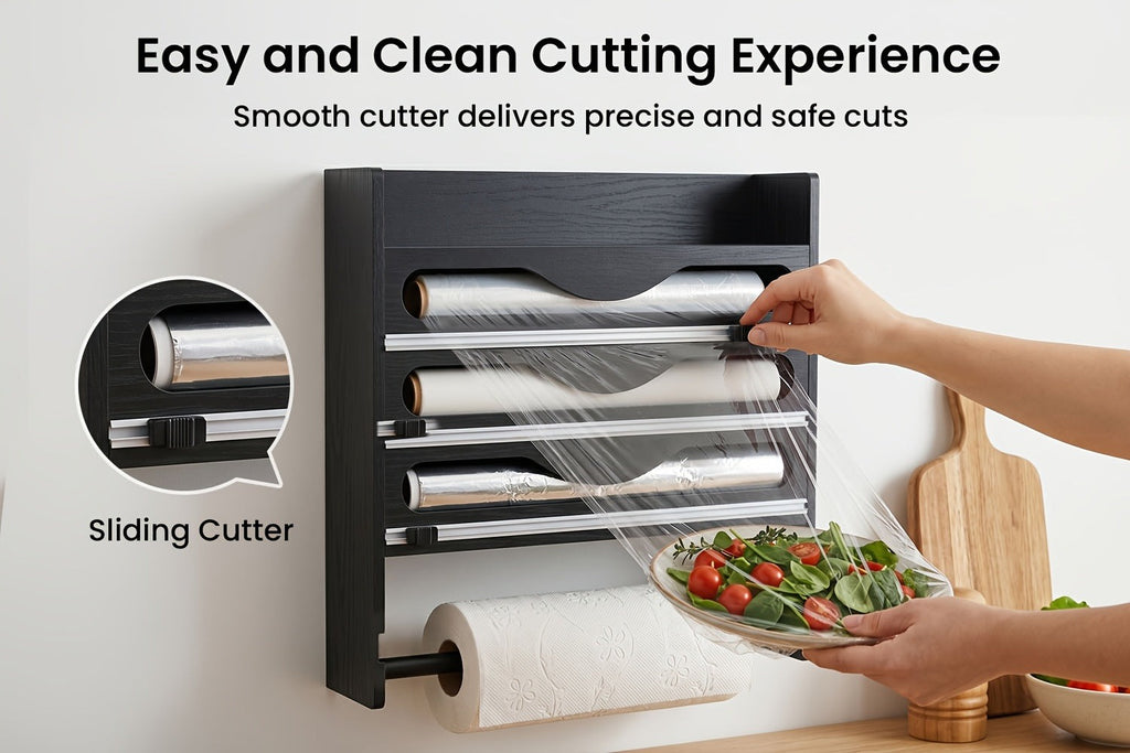 Dispensador de Papel Aluminio con Cortador, Reutilizable, Ahorra Espacio, Ideal para Almacenamiento en Cocina, Adecuado para Bolsas de Plástico, Film Transparente y Papel Aluminio, Montaje en Pared