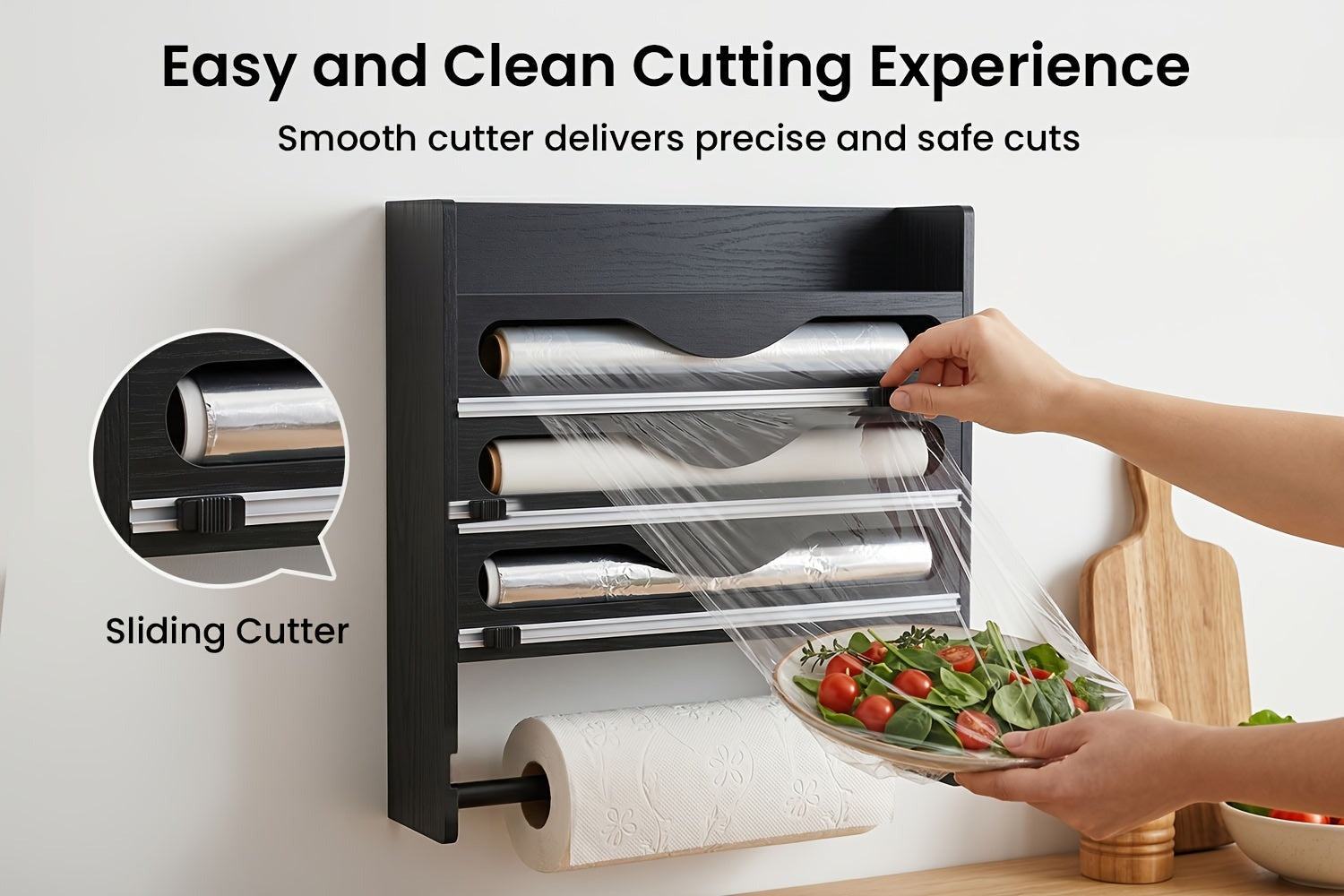 Dispensador de Papel Aluminio con Cortador, Reutilizable, Ahorra Espacio, Ideal para Almacenamiento en Cocina, Adecuado para Bolsas de Plástico, Film Transparente y Papel Aluminio, Montaje en Pared