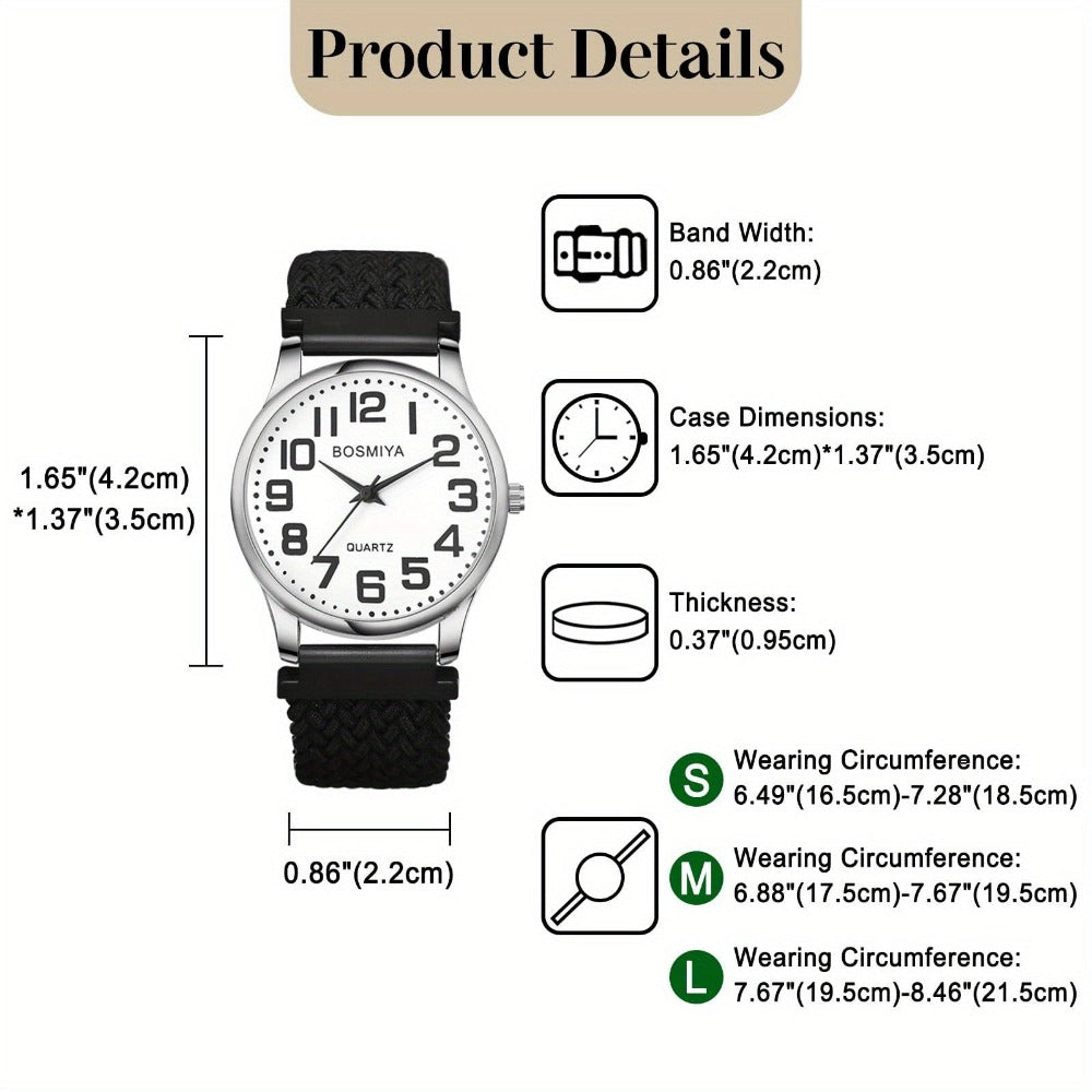 JewelryWe Reloj Elástico Trenzado para Mujer Hombre Simple Analógico de Cuarzo Pulsera Elástica Tejida Reloj Casual con Esfera de Números Grandes