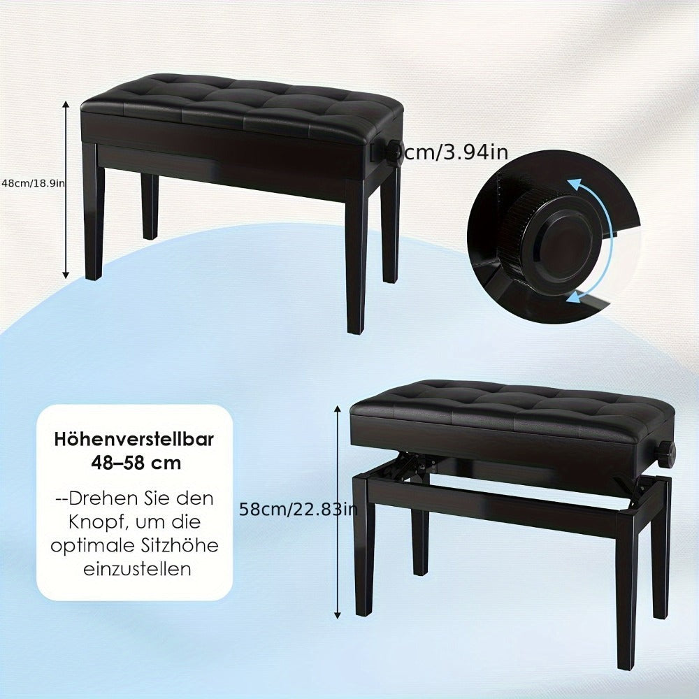 Taburete de Piano Ajustable en Altura para 2 Personas, Silla de Piano con Espacio de Almacenamiento, Banco de Piano 73 x 35 x 48-58 cm, Banco de Piano con Cojín de Cuero PU, Taburete de Piano con Capacidad de Carga de hasta 200 kg, Banco de Teclado de Mad