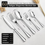Juego de vajilla de acero inoxidable de 60 piezas para 12 personas con cuchillos, tenedores y cucharas. Ideal para restaurantes, fiestas, bodas, artesanía clásica de tiras. Mangos ergonómicos y diseño de alta calidad. Agarre cómodo. Lavable con lavavajill