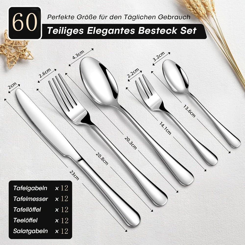 Juego de vajilla de acero inoxidable de 60 piezas para 12 personas con cuchillos, tenedores y cucharas. Ideal para restaurantes, fiestas, bodas, artesanía clásica de tiras. Mangos ergonómicos y diseño de alta calidad. Agarre cómodo. Lavable con lavavajill