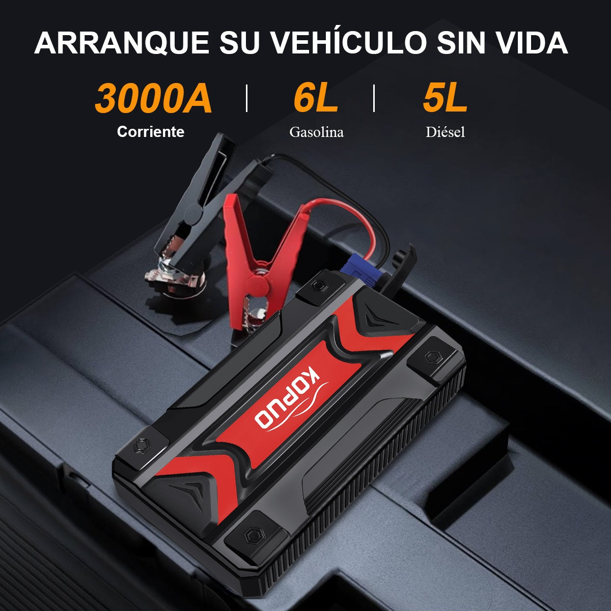 Arrancador de Coche - 12V 3000A Pico, Inicia 6.0L Gasolina/5.0L Diésel en 3s. Carga Rápida USB-C PD para Teléfonos/Portátiles. Linterna LED (SOS/Estroboscópica). Para Coches, SUV, Camiones, Motos, Barcos. Ideal para Viajes, Camping, Invierno, Baterías Mue