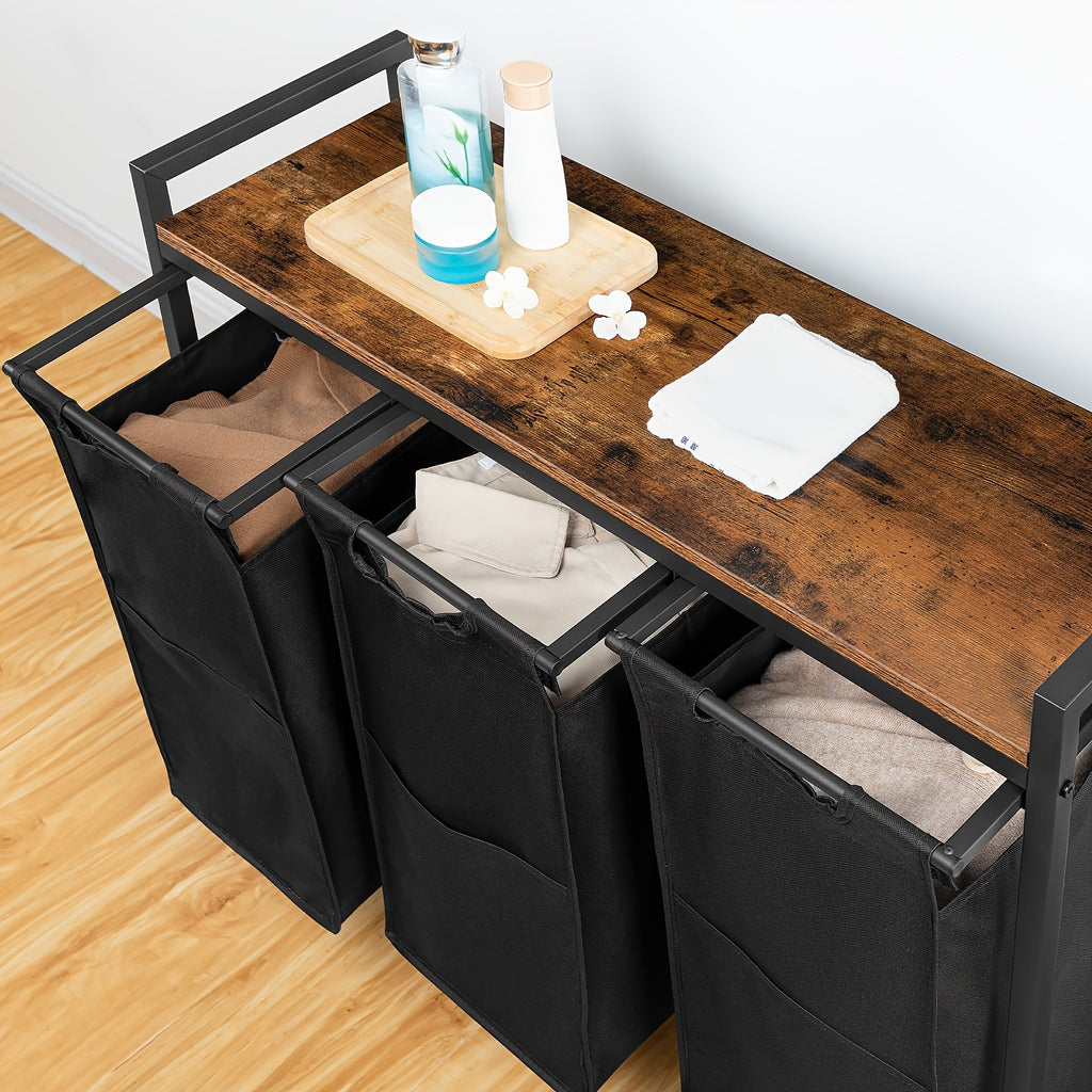 Cesto de lavandería de 3 compartimentos, recolector de ropa con estante, caja de lavandería, carrito de lavandería, 3 X 39.8 L, bolsa de lavandería hecha de tela Oxford, 84 X 33 X 74.5 Cm, marrón y negro vintage, cestos de lavandería
