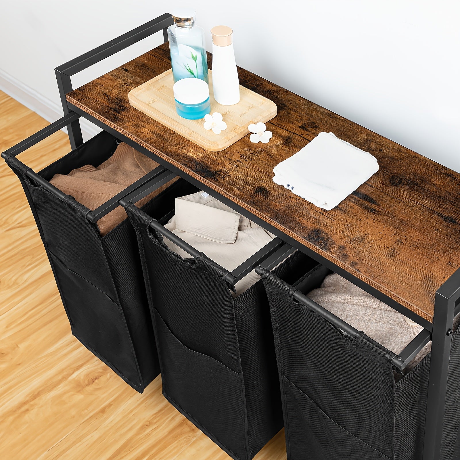 Cesto de lavandería de 3 compartimentos, recolector de ropa con estante, caja de lavandería, carrito de lavandería, 3 X 39.8 L, bolsa de lavandería hecha de tela Oxford, 84 X 33 X 74.5 Cm, marrón y negro vintage, cestos de lavandería