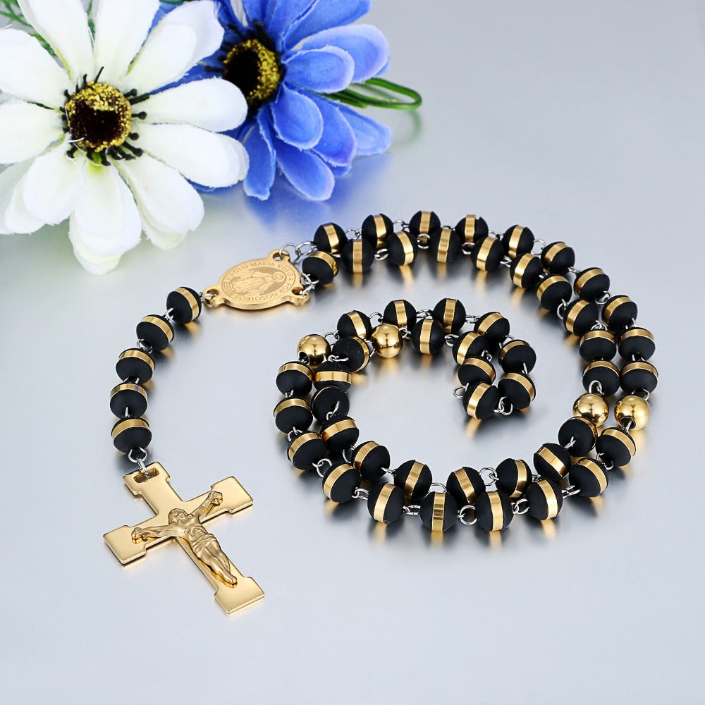 Collar de Rosario de 60 cm para Hombres y Mujeres con Colgante de Crucifijo Dorado de la Virgen María y Jesucristo - Cuentas Negras de Oración Religiosa, Cadena de Bolas para la Fe Católica, Uso Diario y Regalos de Navidad (Unisex)